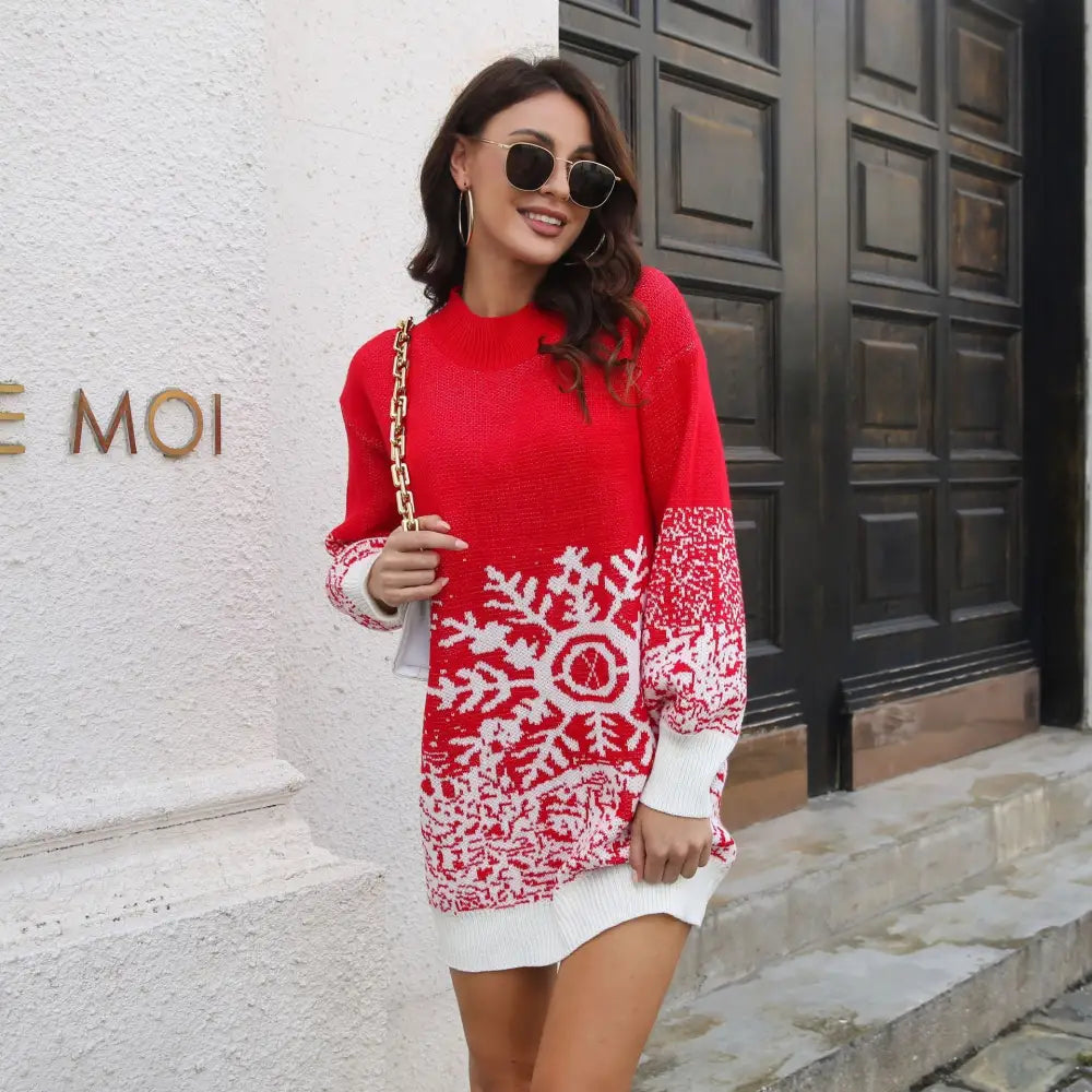 Christmas Snowflake Sweater Dress Loose Pullover Knitted Dresses Fall Winter Women's Clothing Beyond Trends Hub