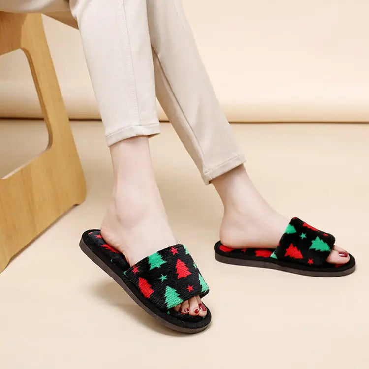 Christmas Tree Home Slippers Fashion Floor Bedroom Open-toe Plush Slippers For Women Fuzzy House Shoes Beyond Trends Hub