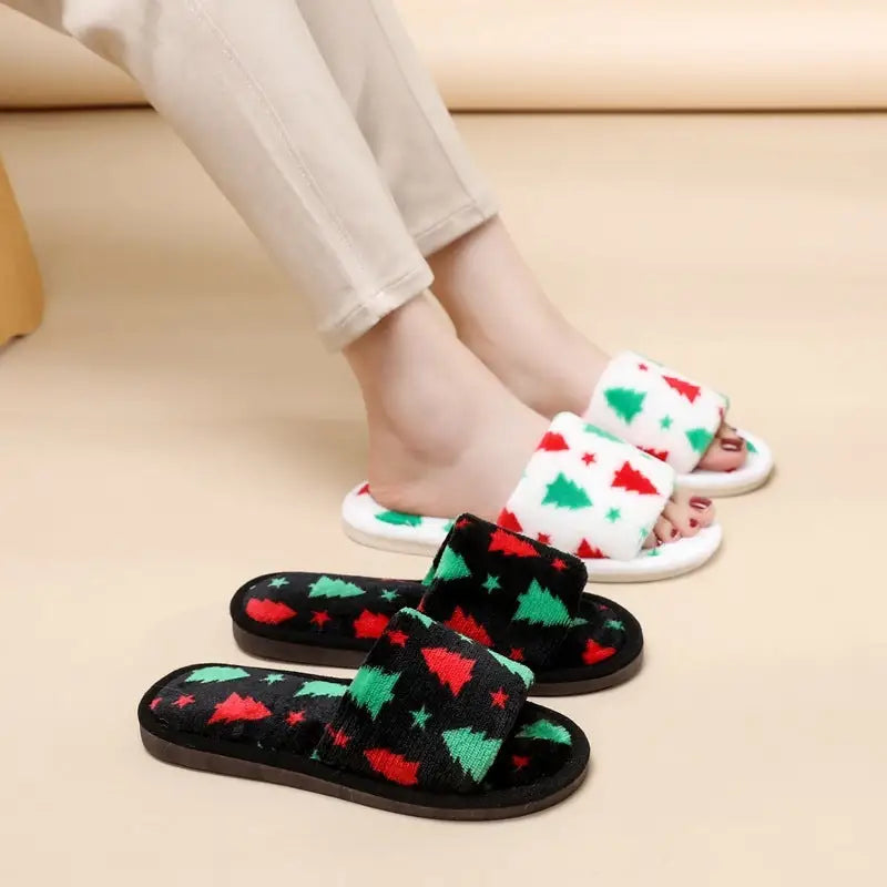Christmas Tree Home Slippers Fashion Floor Bedroom Open-toe Plush Slippers For Women Fuzzy House Shoes Beyond Trends Hub