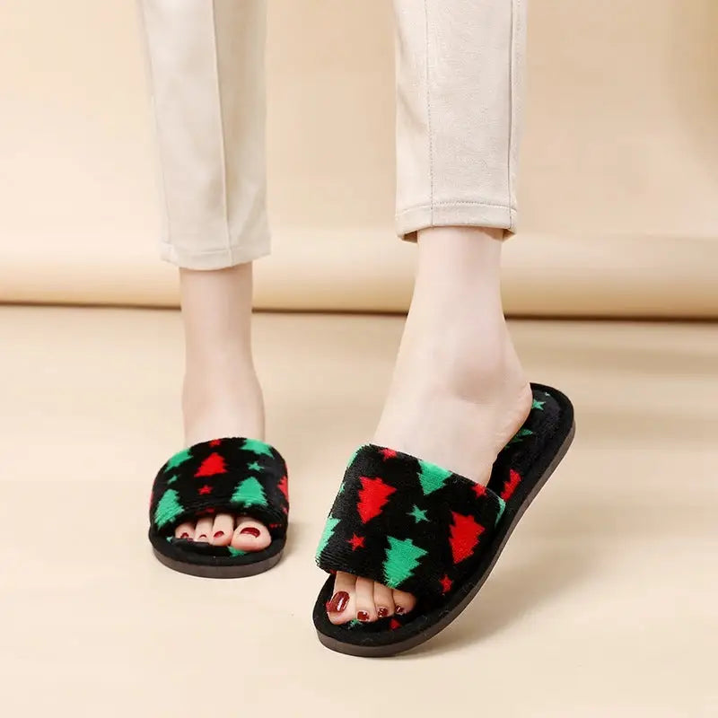 Christmas Tree Home Slippers Fashion Floor Bedroom Open-toe Plush Slippers For Women Fuzzy House Shoes Beyond Trends Hub