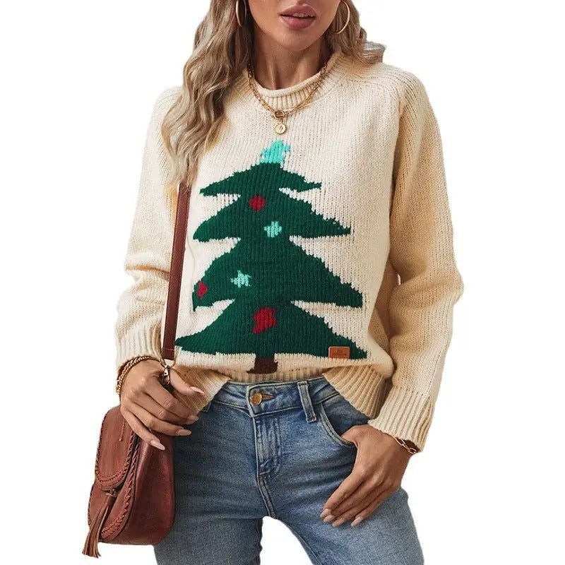 Christmas Tree Pullover Women's Round Neck Loose Sweater Beyond Trends Hub