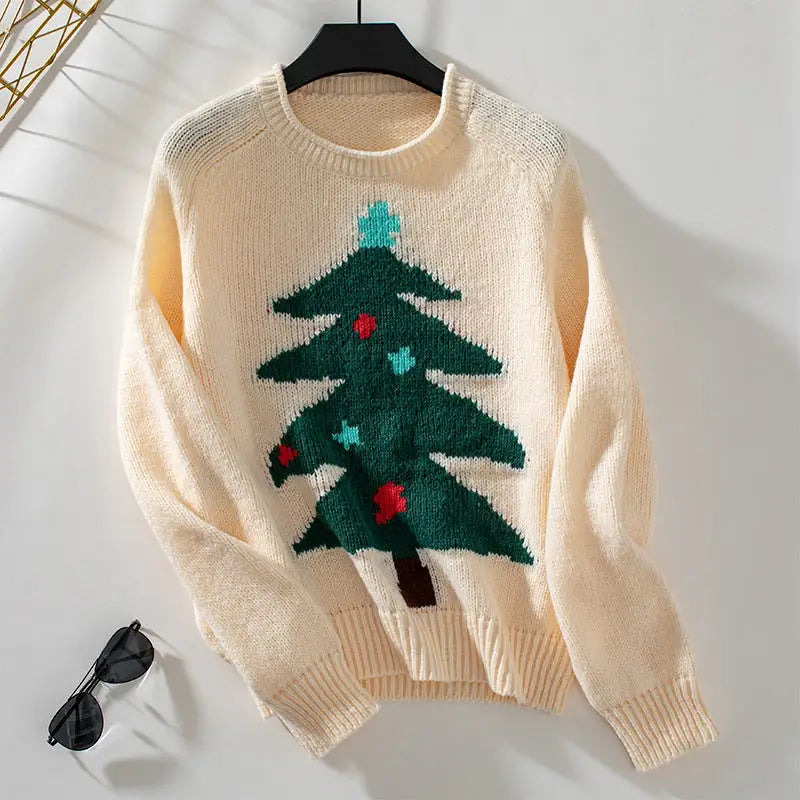 Christmas Tree Pullover Women's Round Neck Loose Sweater Beyond Trends Hub
