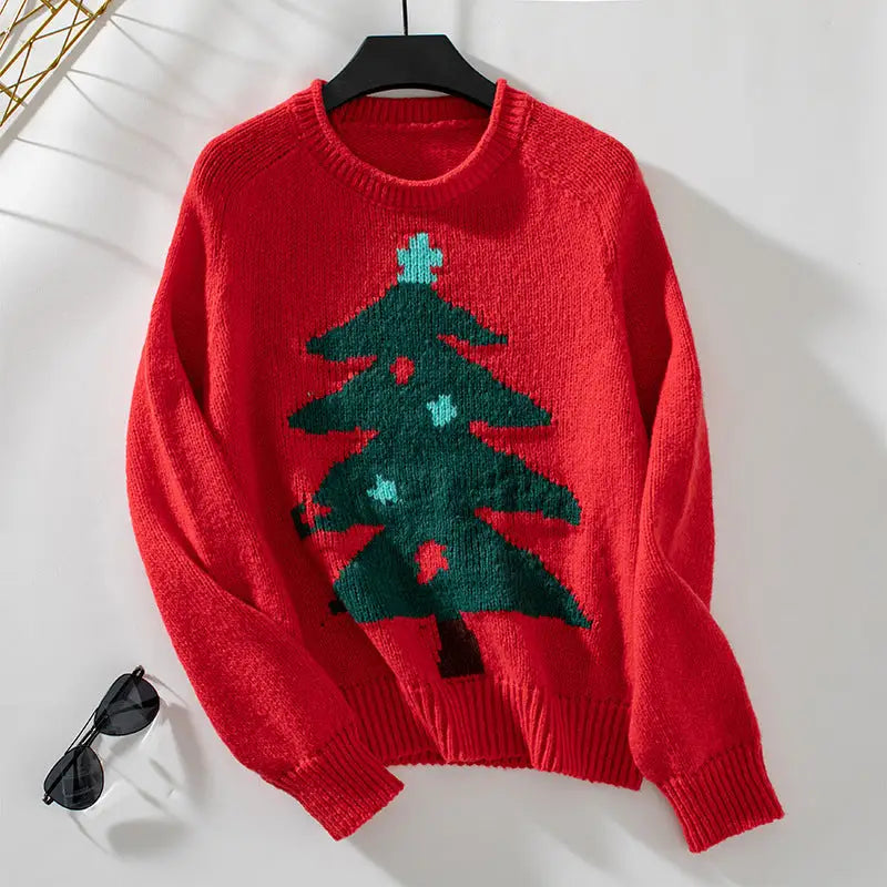 Christmas Tree Pullover Women's Round Neck Loose Sweater Beyond Trends Hub