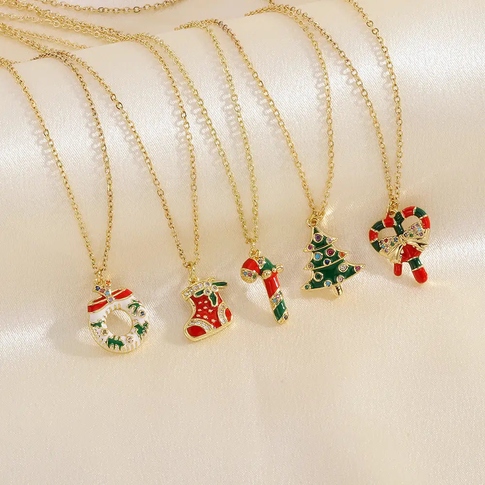 Christmas Tree Santa Claus Elk Snowman Oil-drop Necklace With Colored Rhinestones Ins Festival Clavicle Chain Necklace For Women Jewelry Beyond Trends Hub