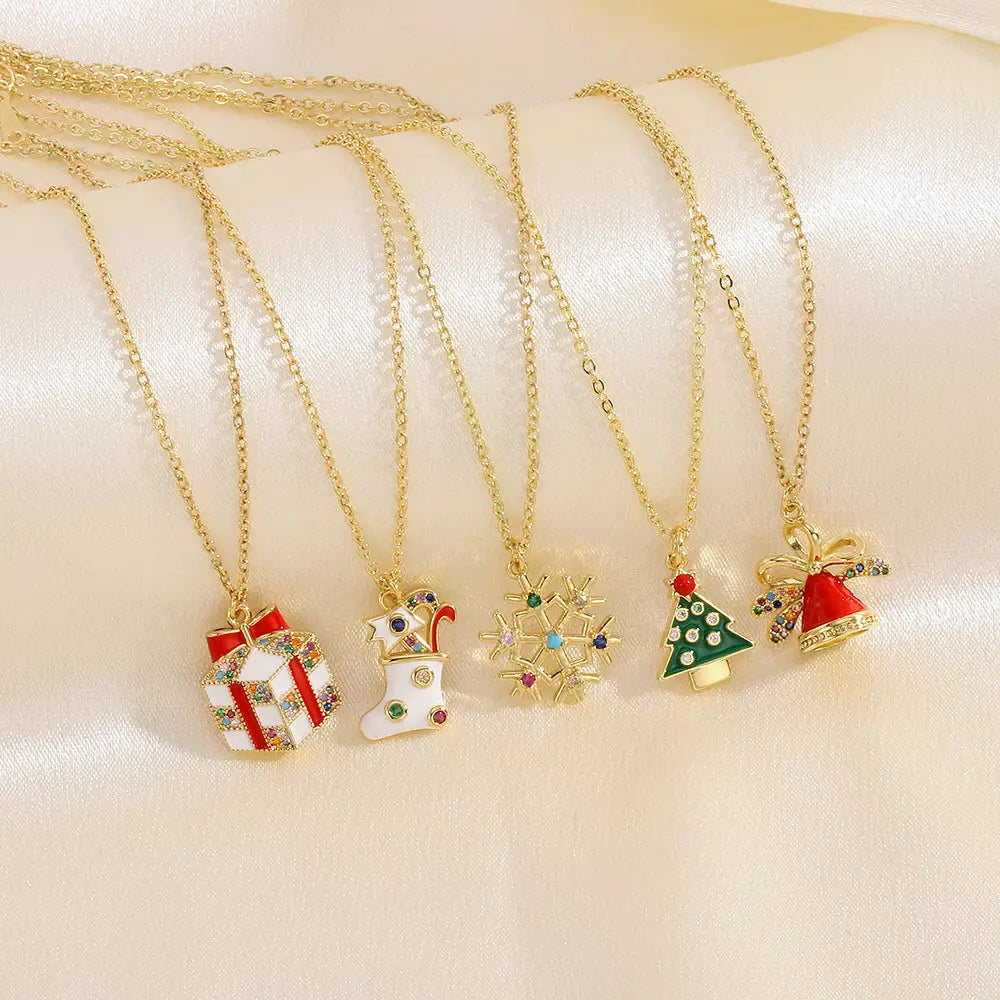 Christmas Tree Santa Claus Elk Snowman Oil-drop Necklace With Colored Rhinestones Ins Festival Clavicle Chain Necklace For Women Jewelry Beyond Trends Hub