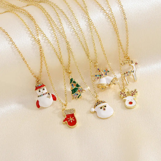 Christmas Tree Santa Claus Elk Snowman Oil-drop Necklace With Colored Rhinestones Ins Festival Clavicle Chain Necklace For Women Jewelry Beyond Trends Hub