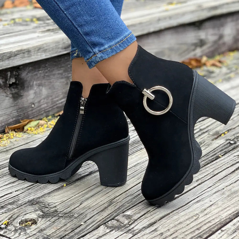 Chunky Heel Plus Size Side Zipper Round Head Ankle Boots High Heel Martin Boots Beyond Trends Hub