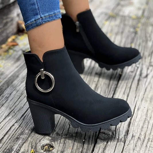 Chunky Heel Plus Size Side Zipper Round Head Ankle Boots High Heel Martin Boots Beyond Trends Hub