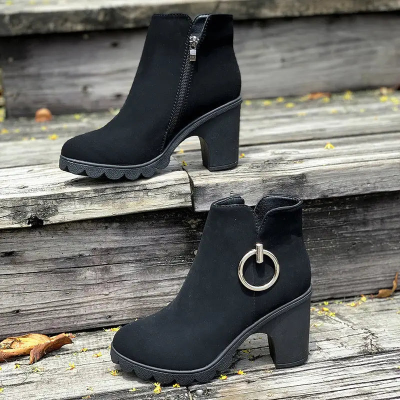 Chunky Heel Plus Size Side Zipper Round Head Ankle Boots High Heel Martin Boots Beyond Trends Hub