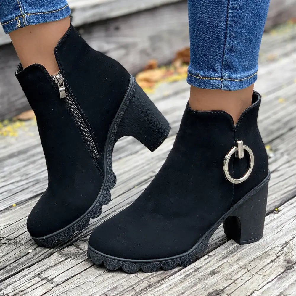 Chunky Heel Plus Size Side Zipper Round Head Ankle Boots High Heel Martin Boots Beyond Trends Hub