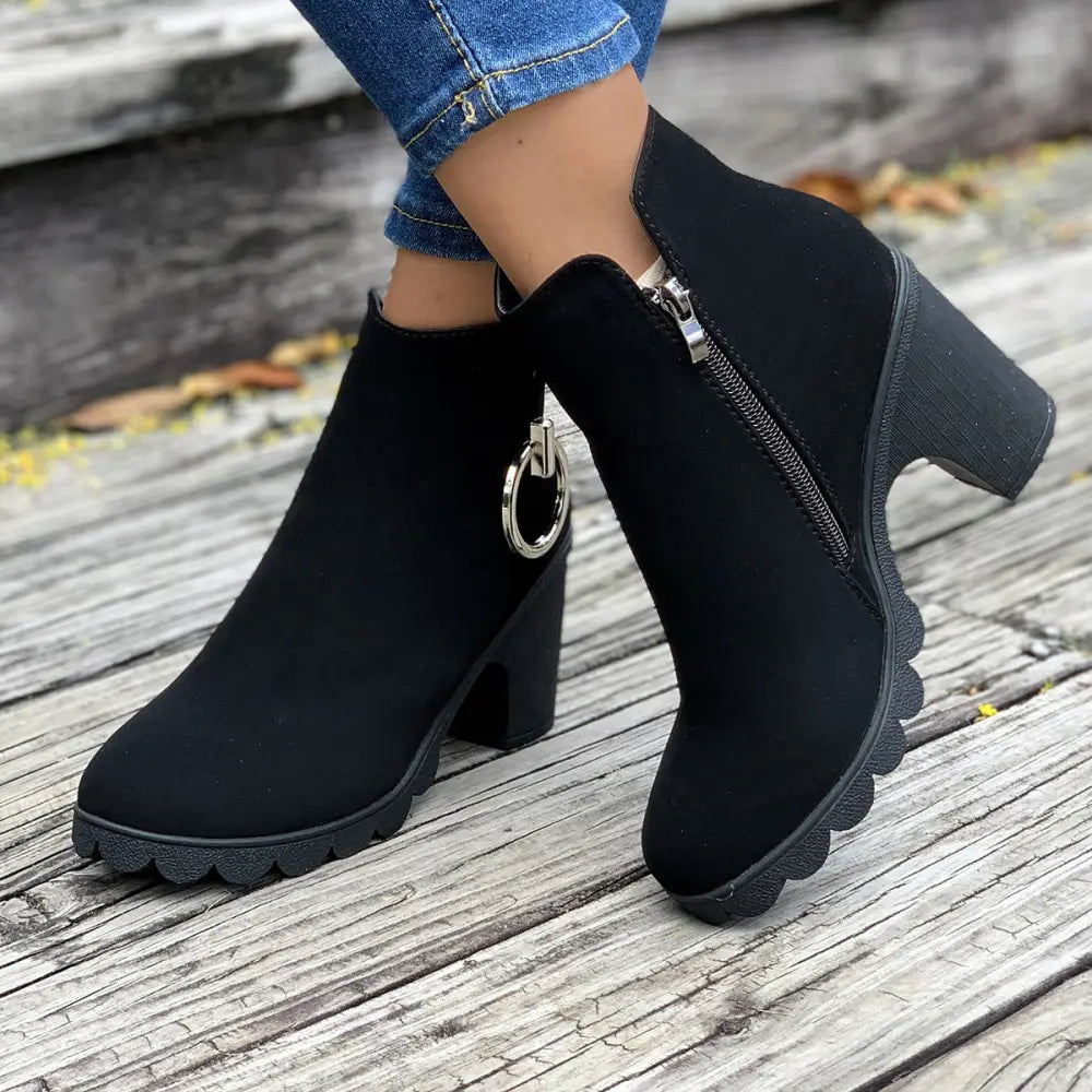 Chunky Heel Plus Size Side Zipper Round Head Ankle Boots High Heel Martin Boots Beyond Trends Hub