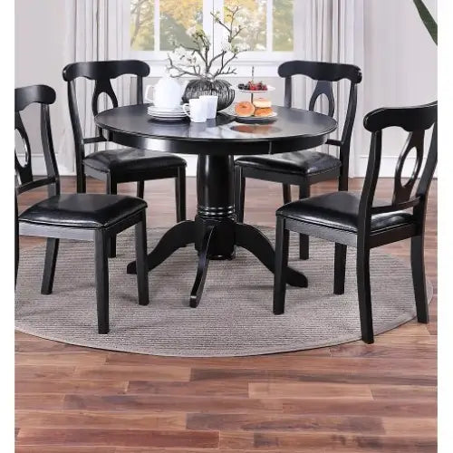 Classic Design Dining Room 5pc Set Round Table 4x Side Chairs Cushion Fabric Upholstery Seat Rubberwood Black Color