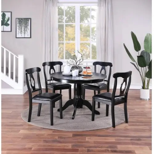 Classic Design Dining Room 5pc Set Round Table 4x Side Chairs Cushion Fabric Upholstery Seat Rubberwood Black Color