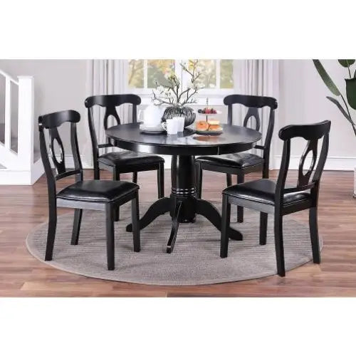 Classic Design Dining Room 5pc Set Round Table 4x Side Chairs Cushion Fabric Upholstery Seat Rubberwood Black Color