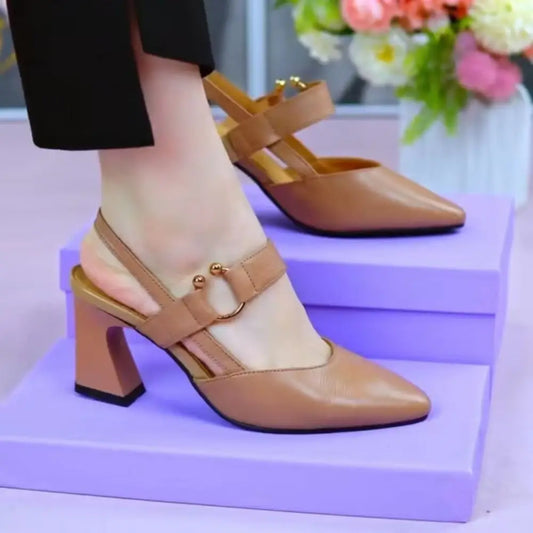 Closed Toe Back Empty Leather Chunky Heel Sandals Woman High-heeled Shoes Beyond Trends Hub