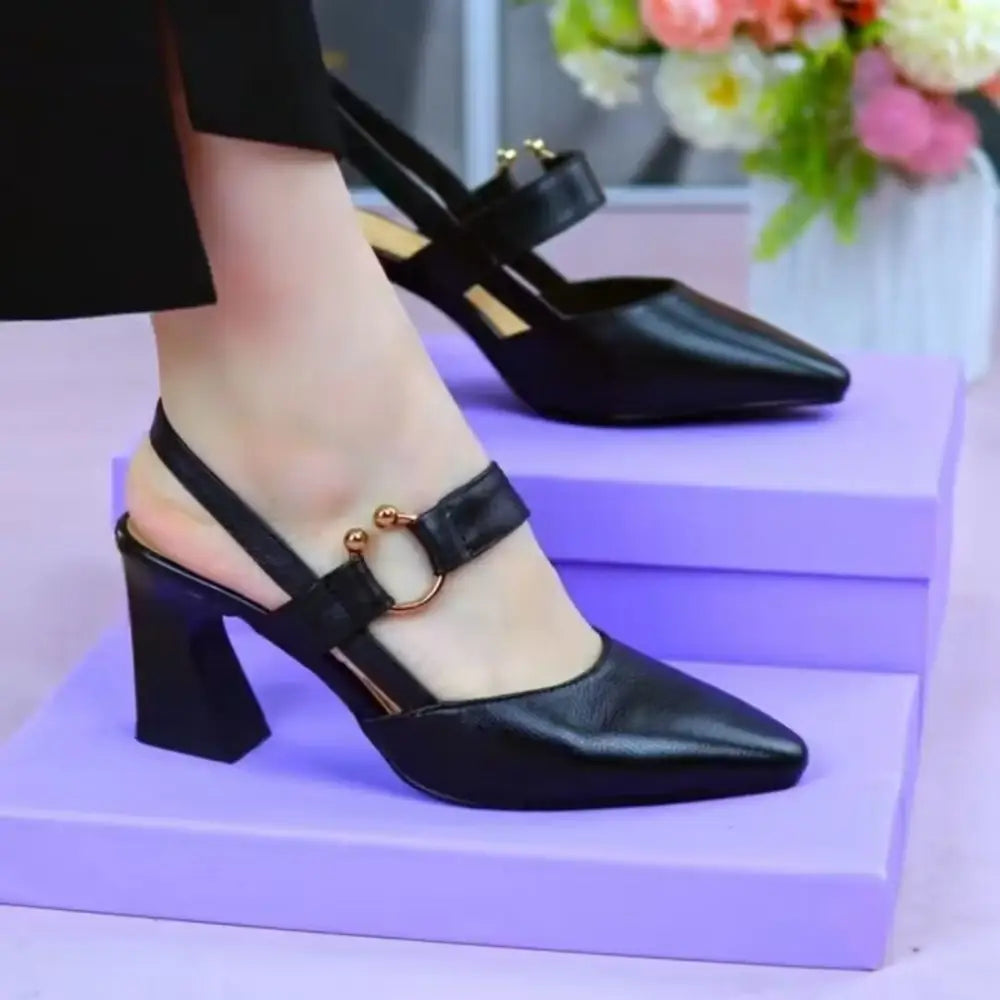 Closed Toe Back Empty Leather Chunky Heel Sandals Woman High-heeled Shoes Beyond Trends Hub
