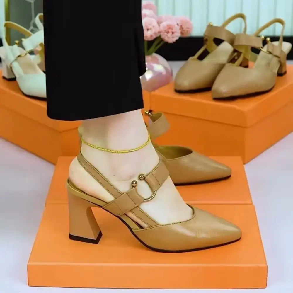 Closed Toe Back Empty Leather Chunky Heel Sandals Woman High-heeled Shoes Beyond Trends Hub