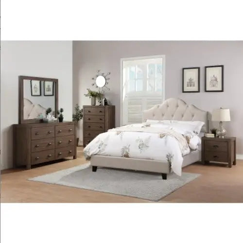 Contemporary 1pc Queen Size Bed Adjustable HB Light Brown Polyfiber Tufted Upholstered Wooden Bedframe Bedroom