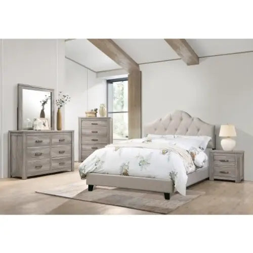 Contemporary 1pc Queen Size Bed Adjustable HB Light Brown Polyfiber Tufted Upholstered Wooden Bedframe Bedroom