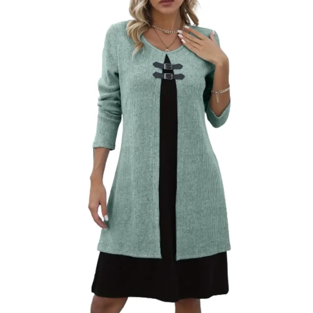 Contrast-color Sweater Dress With Buckle Design Fashion Round-neck Long-sleeved A-line Dresses Fall Wainter Women's Clothing Beyond Trends Hub