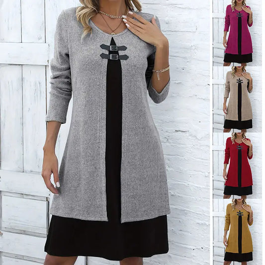 Contrast-color Sweater Dress With Buckle Design Fashion Round-neck Long-sleeved A-line Dresses Fall Wainter Women's Clothing Beyond Trends Hub