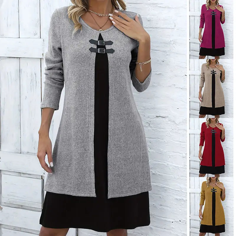 Contrast-color Sweater Dress With Buckle Design Fashion Round-neck Long-sleeved A-line Dresses Fall Wainter Women's Clothing Beyond Trends Hub