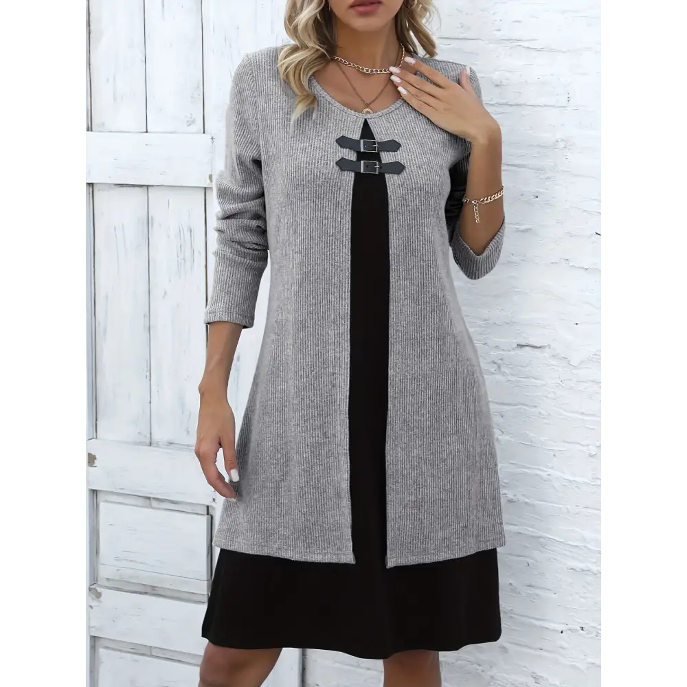 Contrast-color Sweater Dress With Buckle Design Fashion Round-neck Long-sleeved A-line Dresses Fall Wainter Women's Clothing Beyond Trends Hub