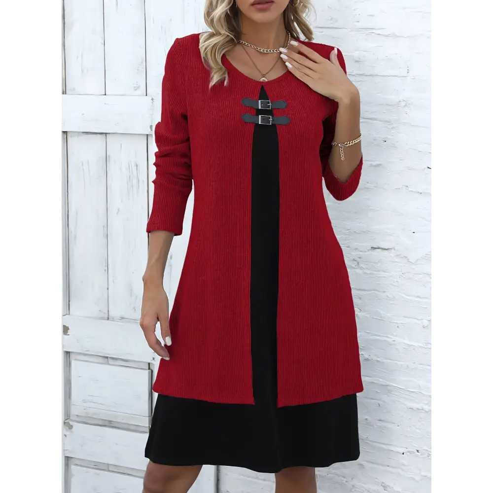 Contrast-color Sweater Dress With Buckle Design Fashion Round-neck Long-sleeved A-line Dresses Fall Wainter Women's Clothing Beyond Trends Hub