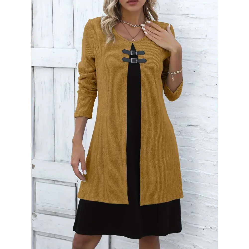Contrast-color Sweater Dress With Buckle Design Fashion Round-neck Long-sleeved A-line Dresses Fall Wainter Women's Clothing Beyond Trends Hub