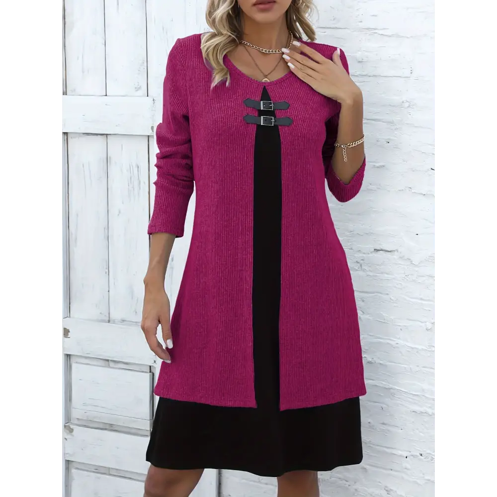 Contrast-color Sweater Dress With Buckle Design Fashion Round-neck Long-sleeved A-line Dresses Fall Wainter Women's Clothing Beyond Trends Hub