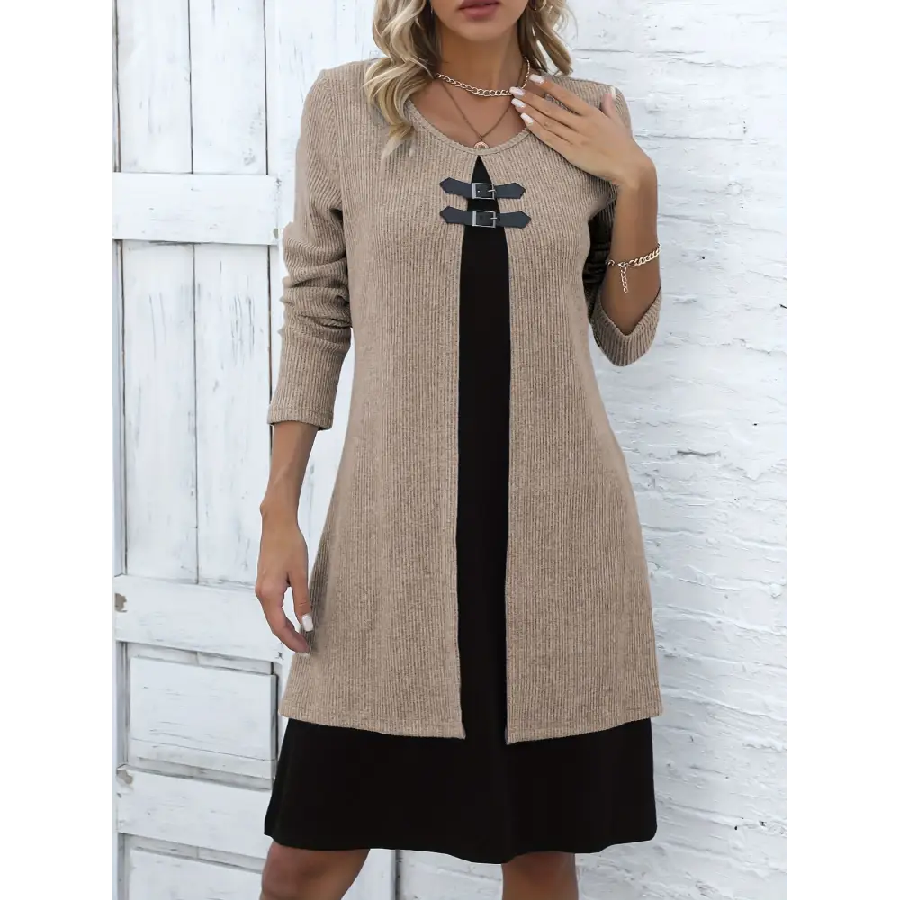 Contrast-color Sweater Dress With Buckle Design Fashion Round-neck Long-sleeved A-line Dresses Fall Wainter Women's Clothing Beyond Trends Hub