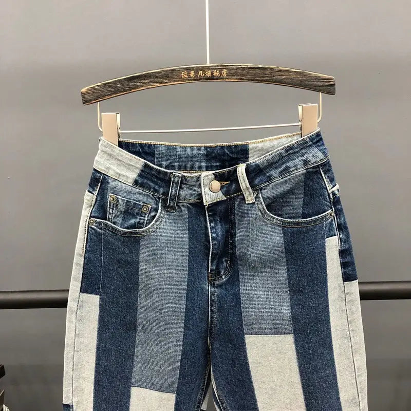 Contrasting Stitching Jeans Women Loose Spring New Ab Face Geometric Harem Pants Old Pants - Beyond Trends Hub 