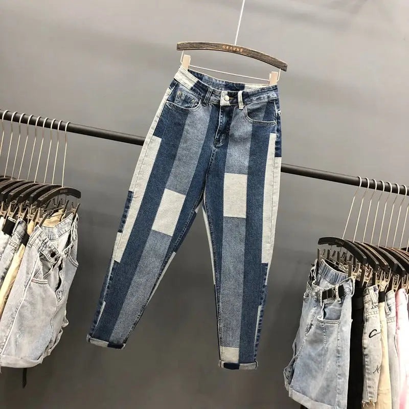Contrasting Stitching Jeans Women Loose Spring New Ab Face Geometric Harem Pants Old Pants - Beyond Trends Hub 