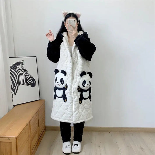 Couple Pajamas Men’s And Women’s Autumn And Winter Three-layer Thickened Cartoon Flannel Warm Loungewear Suit
