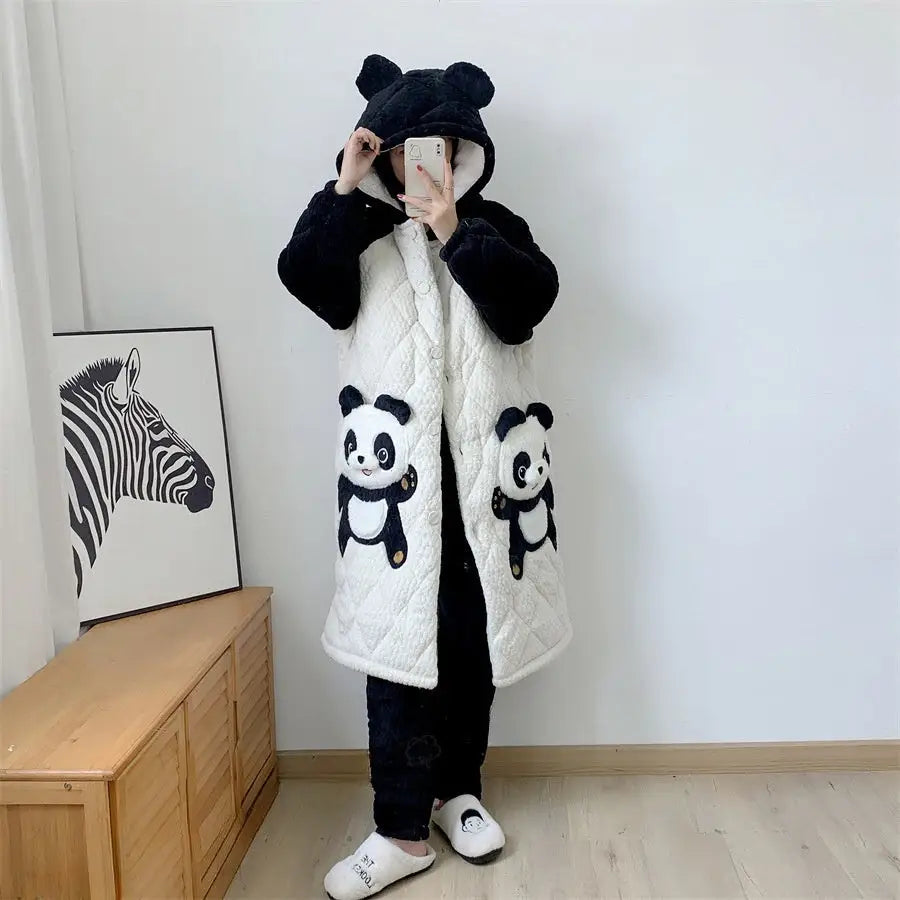 Couple Pajamas Men’s And Women’s Autumn And Winter Three-layer Thickened Cartoon Flannel Warm Loungewear Suit