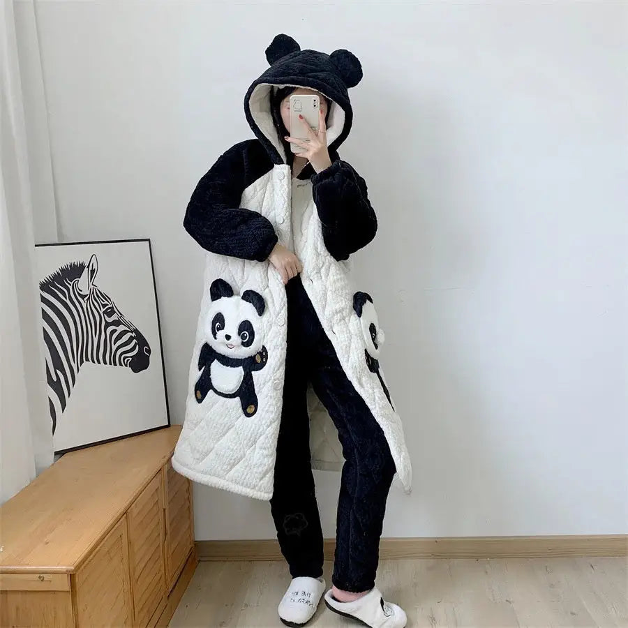 Couple Pajamas Men’s And Women’s Autumn And Winter Three-layer Thickened Cartoon Flannel Warm Loungewear Suit