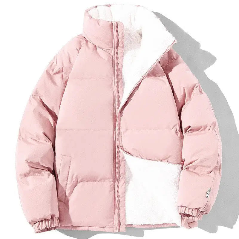 Couples Stand-up Collar Coat With Pockets Fashion Winter Warm Plush Thickened Jacket For Women Men Loose Outwear Top