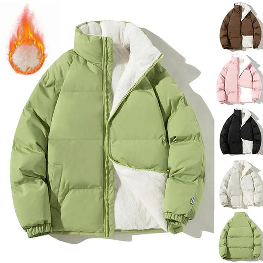 Couples Stand-up Collar Coat With Pockets Fashion Winter Warm Plush Thickened Jacket For Women Men Loose Outwear Top