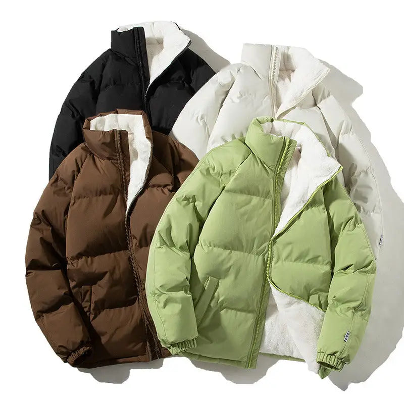 Couples Stand-up Collar Coat With Pockets Fashion Winter Warm Plush Thickened Jacket For Women Men Loose Outwear Top