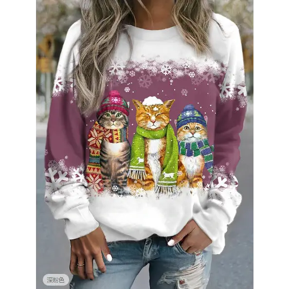 Cross-border Women’s Christmas New Snowman And Cat Printed Long Sleeve Casual Loose-fitting T-shirt Christmas