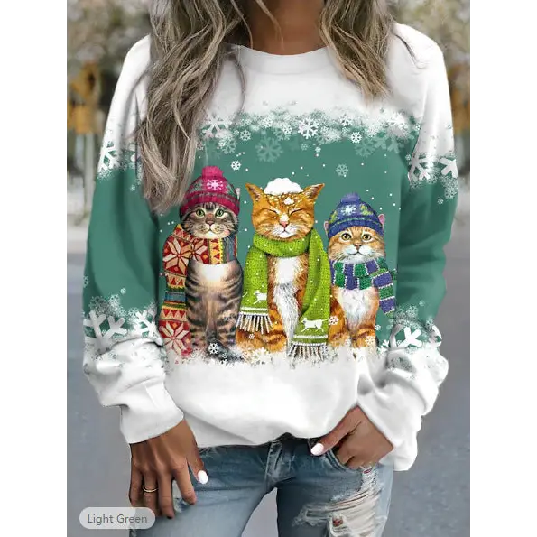 Cross-border Women’s Christmas New Snowman And Cat Printed Long Sleeve Casual Loose-fitting T-shirt Christmas