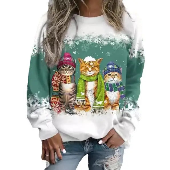 Cross-border Women’s Christmas New Snowman And Cat Printed Long Sleeve Casual Loose-fitting T-shirt Christmas Supplies