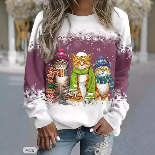 Cross-border Women’s Christmas New Snowman And Cat Printed Long Sleeve Casual Loose-fitting T-shirt Christmas Supplies