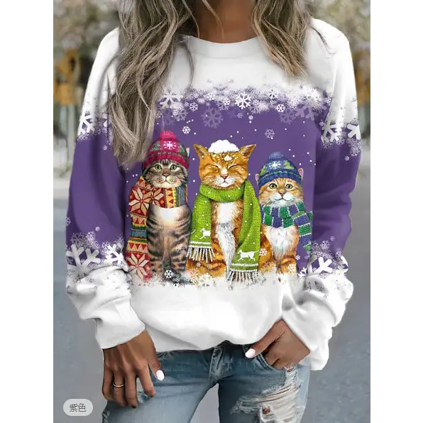 Cross-border Women’s Christmas New Snowman And Cat Printed Long Sleeve Casual Loose-fitting T-shirt Christmas