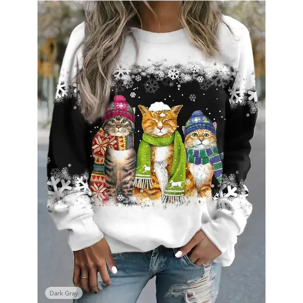Cross-border Women’s Christmas New Snowman And Cat Printed Long Sleeve Casual Loose-fitting T-shirt Christmas