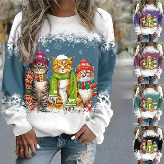 Cross-border Women’s Christmas New Snowman And Cat Printed Long Sleeve Casual Loose-fitting T-shirt Christmas Supplies