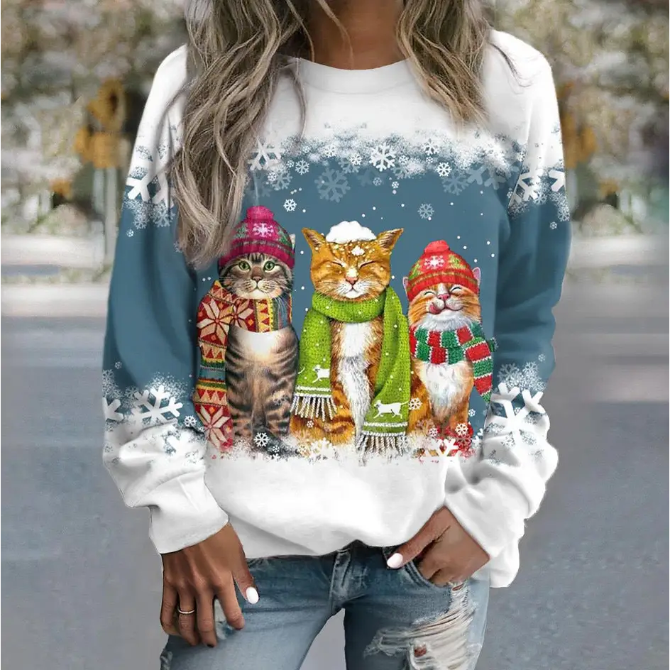 Cross-border Women’s Christmas New Snowman And Cat Printed Long Sleeve Casual Loose-fitting T-shirt Christmas