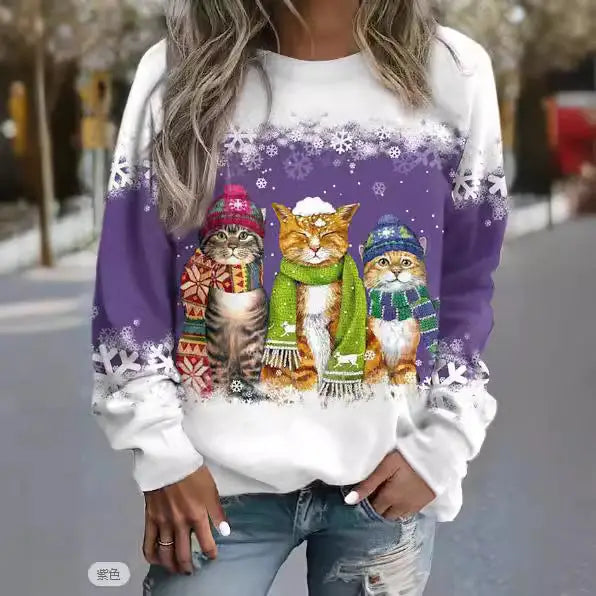 Cross-border Women’s Christmas New Snowman And Cat Printed Long Sleeve Casual Loose-fitting T-shirt Christmas Supplies