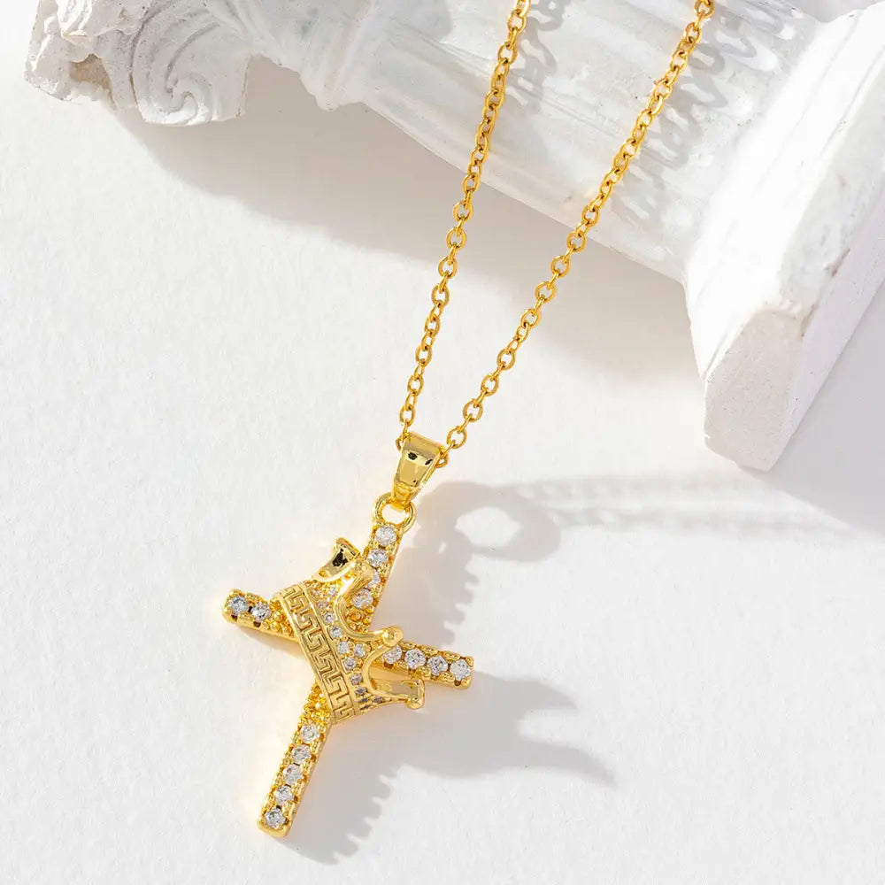 Crown Cross Clavicle Chain 18K Gold Zircon Pendant Necklace - Crown Cross Gold
