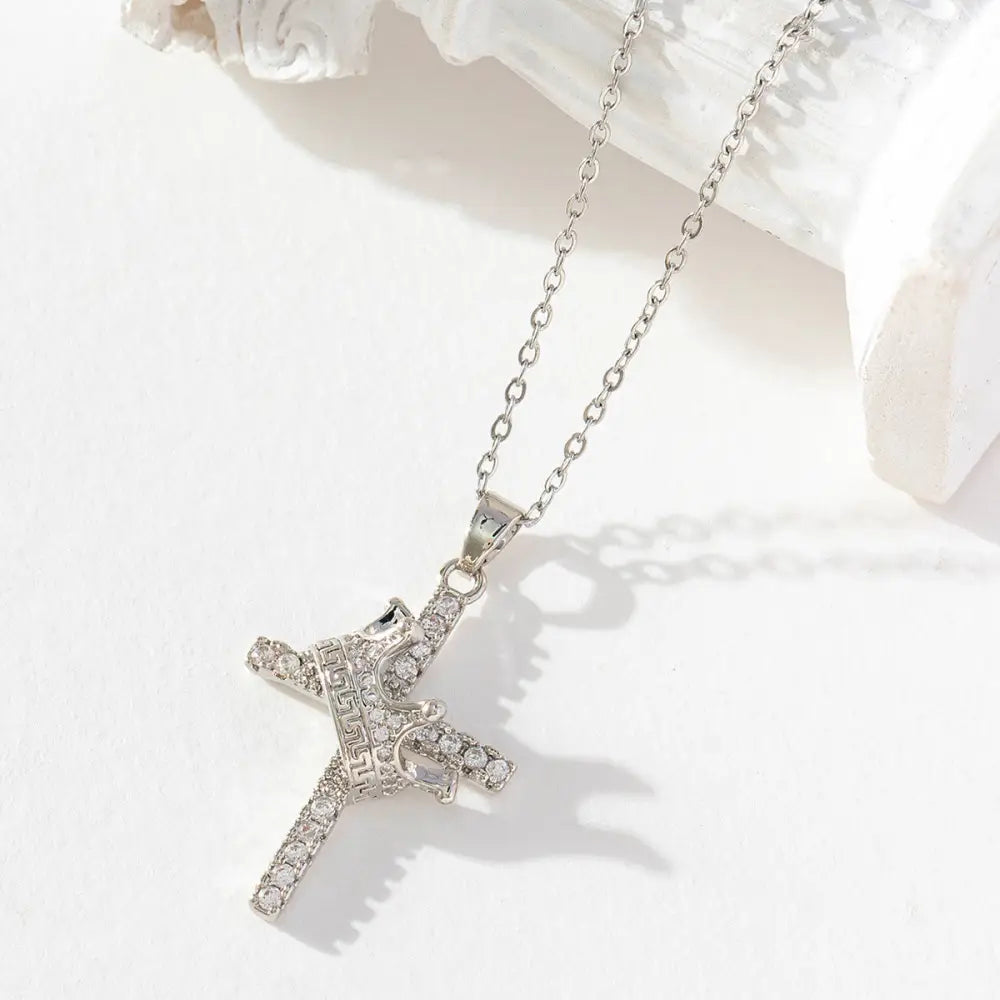 Crown Cross Clavicle Chain 18K Gold Zircon Pendant Necklace - Crown Cross Silver